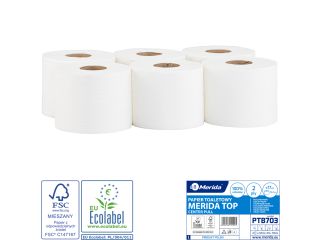Pojemnik na papier toaletowy w listkach CENTER PULL biały za 75 zł netto przy zakupie 2 opakowań papieru MERIDA TOP PTB703